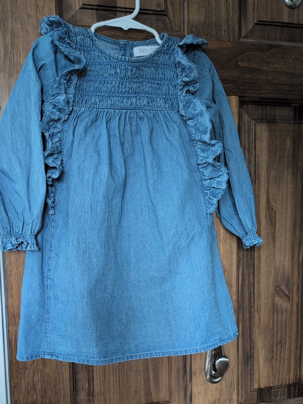 Zara Chambray Embroidered Ruffle Button Up Dress